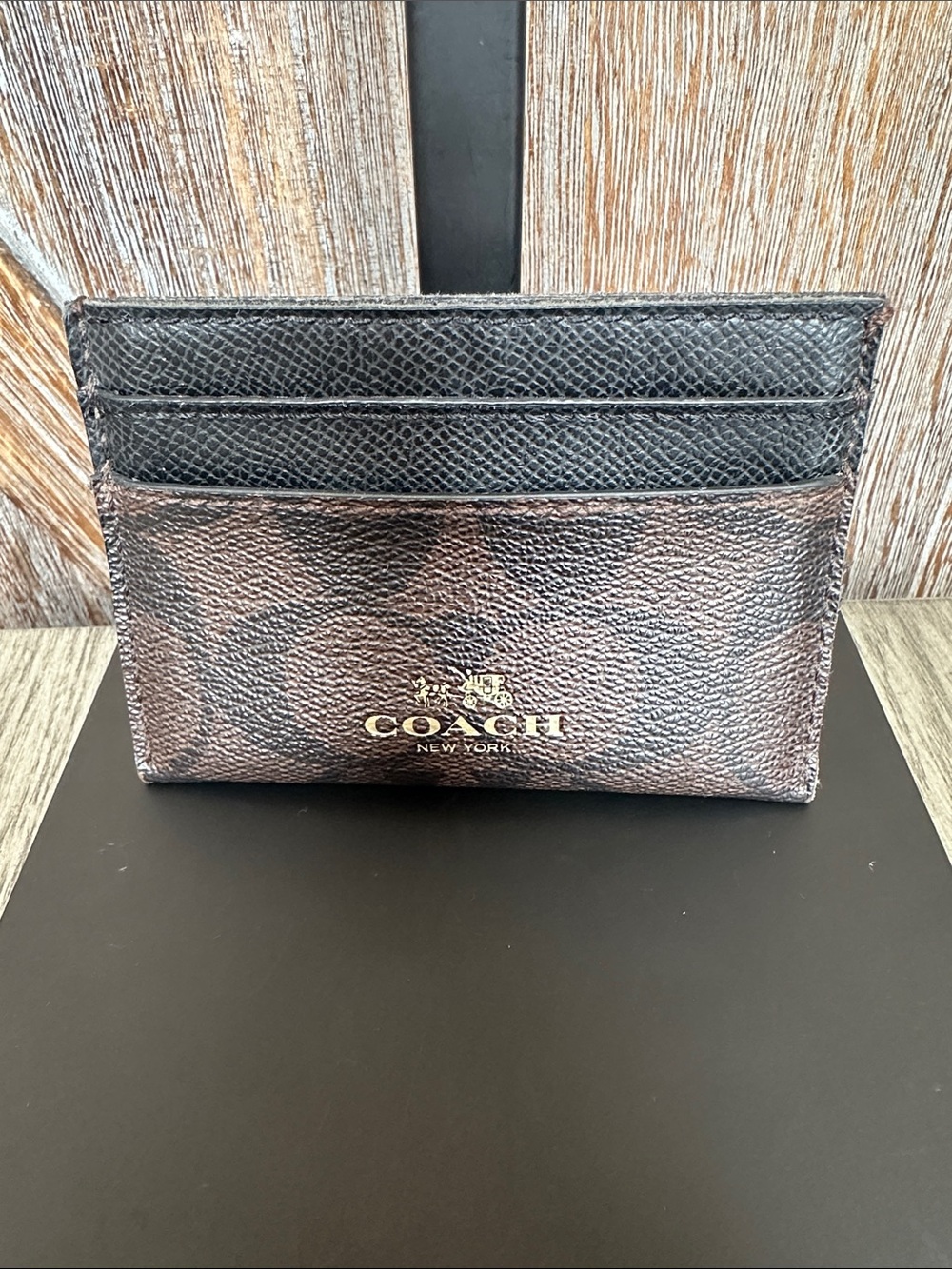 Coach Slim ID Brown and Black Leather Card Holder with Gold Logo